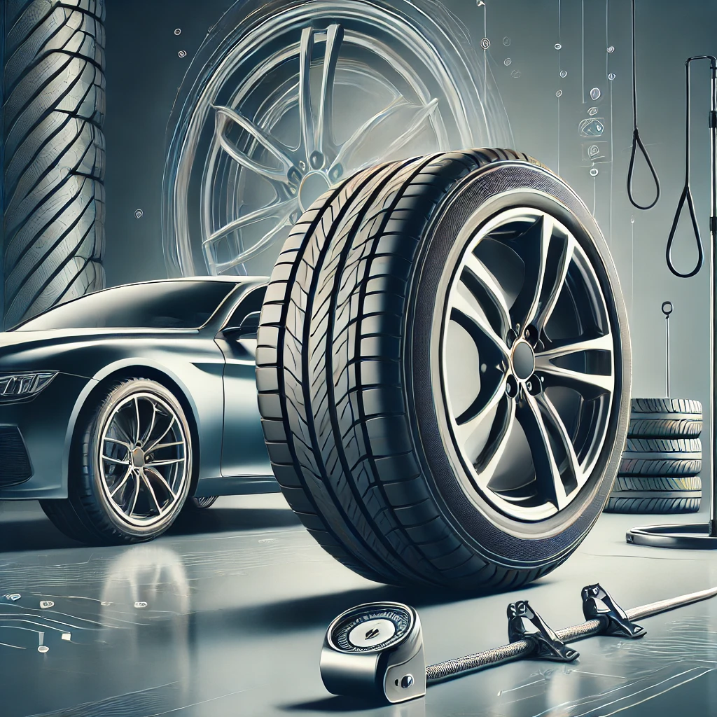 DALL·E 2025 01 28 18.32.16 A high quality illustration showing car tires displayed in a professional and modern setting emphasizing the concept of alignment and safety. The ima